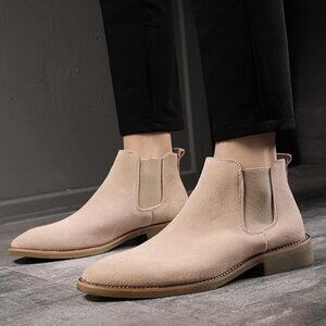 Santimon Men's US 6-6.5 Beige Suede Casual Chelsea Ankle Dress Boots
